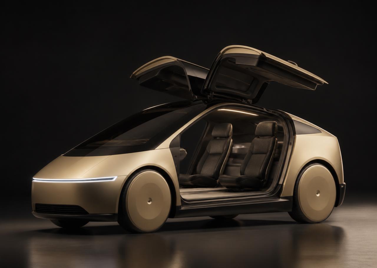 Gold two-seat autonomous robotaxi with gullwing doors open in a dark studio