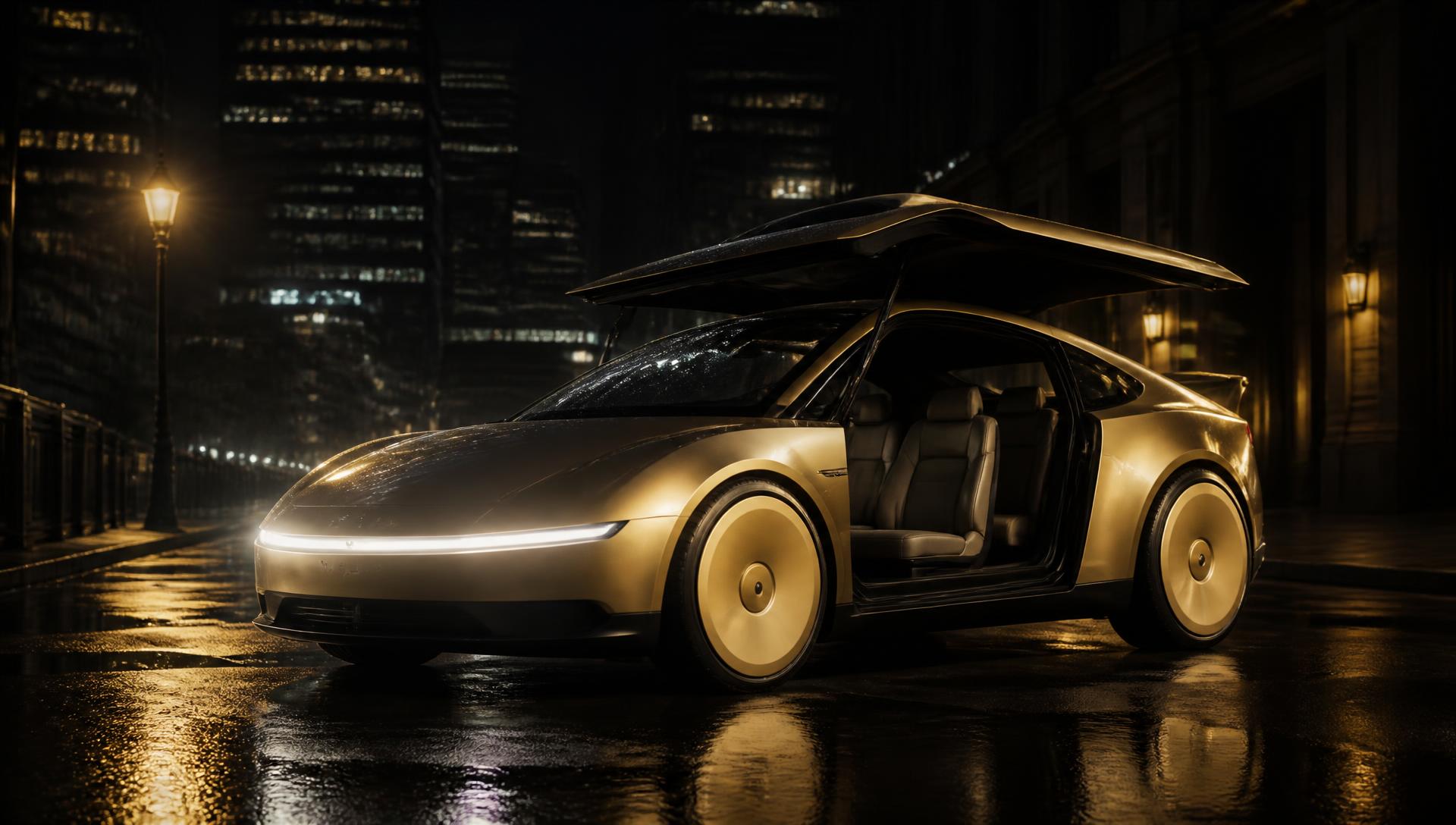 A gold two-seat autonomous robotaxi with gullwing doors on a wet city street at night